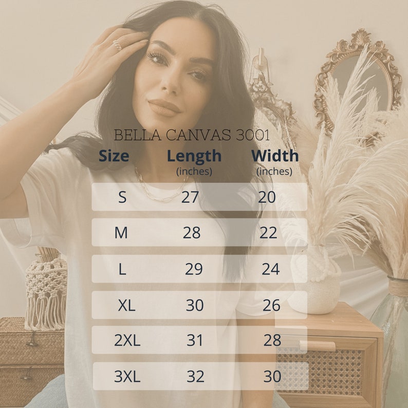 May include: A white Bella Canvas 3001 t-shirt size chart. The chart lists sizes S to 3XL, with corresponding length and width measurements in inches. The model is wearing a white t-shirt.