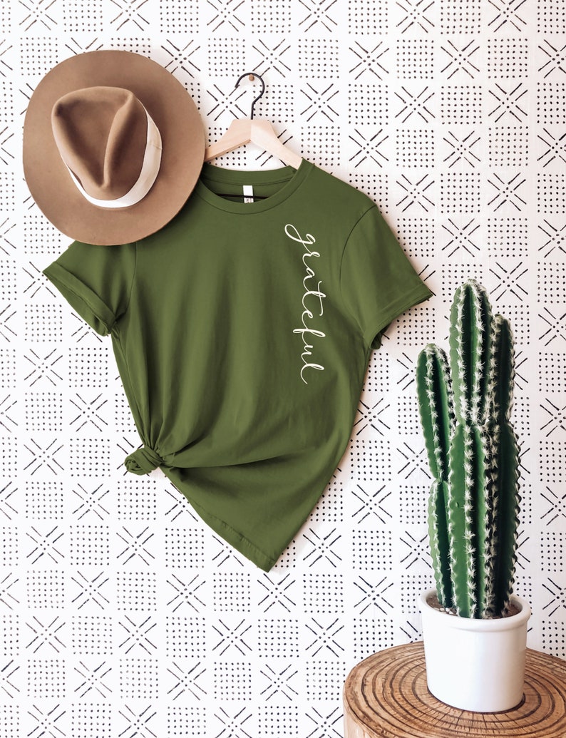 May include: Olive green t-shirt with the word "grateful" in white script. A brown fedora hat with a white band rests on the shirt. A cactus in a white pot is on the right. The background is a white and black geometric pattern.