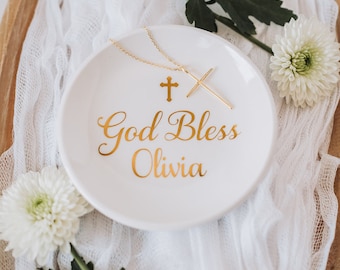 Gepersonaliseerde communiecadeau, eerste communiecadeau, bevestigingscadeau voor meisje, doopringschotel, doopcadeau, schotel aangepaste sieraden