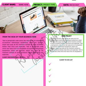 May include: A pink and green checklist with the title "Client Discovery Call Notes". The checklist includes a section for "From the Desk of Your Business Here" and a section for "Our Policy". The checklist also includes a section for "Client To-Do List" with checkmarks next to each item.