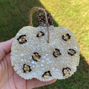 May include: A cream-colored pumpkin-shaped ornament with black and gold accents. The ornament has a textured surface and a brown twine loop for hanging. The stem is made of brown and gold beads.