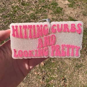 May include: A white car air freshener with pink text that reads "Hitting Curves and Looking Pretty".