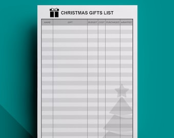 Könnte beinhalten: Eine druckbare Weihnachtsgeschenkliste mit Spalten für Name, Geschenk, Budget, Kosten, gekauft und verpackt. Die Liste ist mit einem schwarz-weißen Geschenkbox-Symbol und einem stilisierten Weihnachtsbaum verziert.