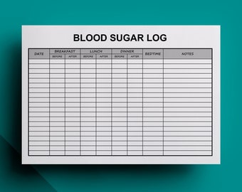 Blood Sugar Log Editable Printable - Breakfast, Lunch Dinner and Bedtime - Before and After - Lines