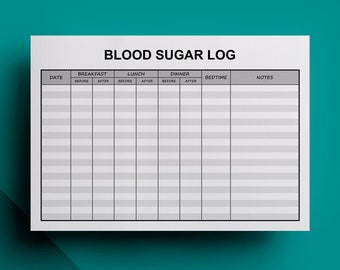 Blood Sugar Log Editable Printable - Breakfast, Lunch Dinner and Bedtime - Before and After - Shading Rows