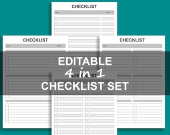 May include: Four black and white checklist templates with the text "CHECKLIST" at the top of each page and the words "EDITABLE 4 in 1 CHECKLIST SET" in the center of the image.