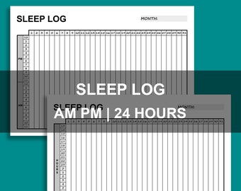 Puede incluir: Una plantilla de registro de sueño imprimible en blanco y negro con el texto "SLEEP LOG AM PM | 24 HOURS" y una cuadrícula para realizar un seguimiento de las horas de sueño.