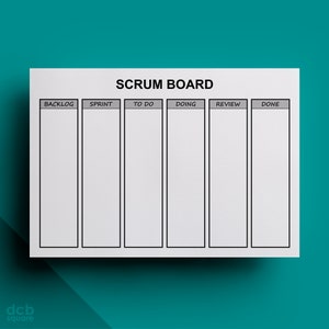 May include: A white Scrum board with six columns labeled "Backlog", "Sprint", "To Do", "Doing", "Review", and "Done".