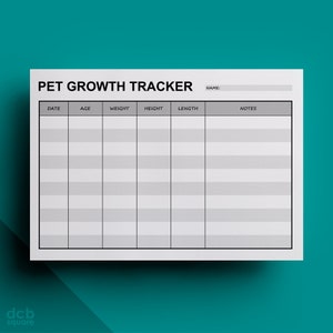 Pode incluir: Um gráfico branco de Pet Growth Tracker com texto preto e uma grade para registrar dados. O gráfico inclui seções para data, idade, peso, altura, comprimento e notas. A parte superior do gráfico diz "PET GROWTH TRACKER".