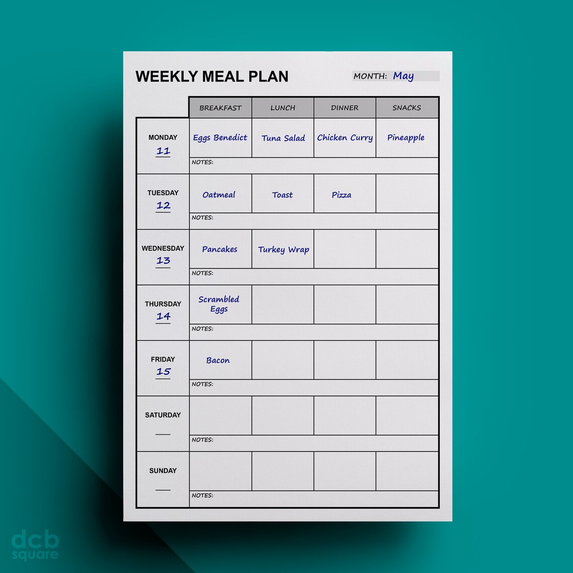 Food Plan Note Weekly Meal Plan With Notes Editable Printable - Etsy