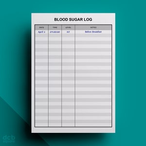 May include: A printable blood sugar log with columns for date, time, level, and notes. The first row has the date "April 1", the time "09:00:00", the level "85", and the notes "Before Breakfast".