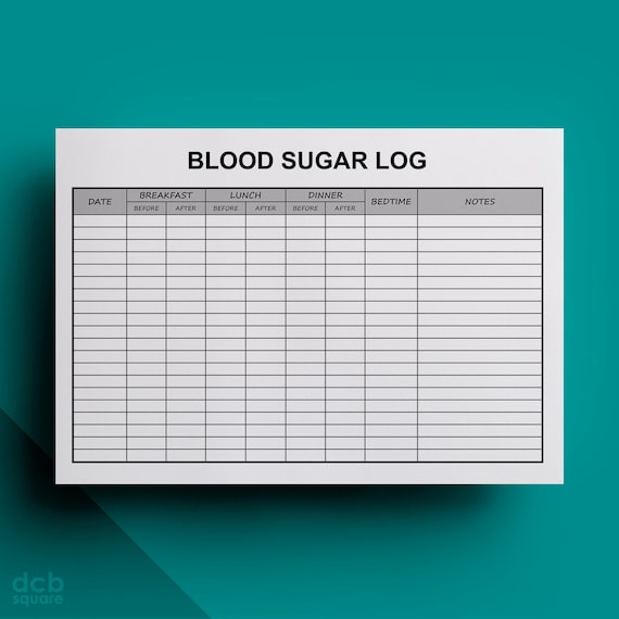Blood Sugar Log Editable Printable - Breakfast, Lunch Dinner and Bedtime - Before and After - Lines