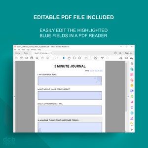 May include: A screenshot of a PDF document open in Adobe Acrobat Reader. The document is a 5-minute journal with fields for writing about gratitude, what would make today great, daily affirmations, and three amazing things that happened today. The fields are highlighted in blue.
