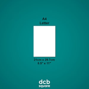 May include: A white sheet of paper with the text "A4 Letter" and the dimensions "21cm x 29.7cm 8.5" x 11" written below. The text "dcb square" is at the bottom of the image.