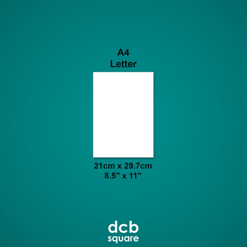 May include: A white sheet of paper with the text "A4 Letter" and the dimensions "21cm x 29.7cm 8.5" x 11" written below. The text "dcb square" is at the bottom of the image.