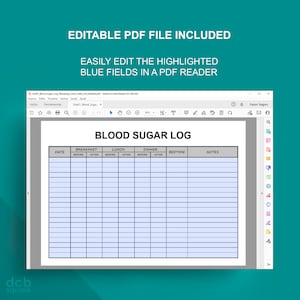 May include: A printable blood sugar log with columns for date, breakfast, lunch, dinner, bedtime, and notes. The log is designed to be filled out by hand and is editable in a PDF reader.