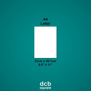 May include: A white sheet of paper with the text "A4 Letter" and the dimensions "21cm x 29.7cm 8.5" x 11" written below. The text "dcb square" is at the bottom of the image.