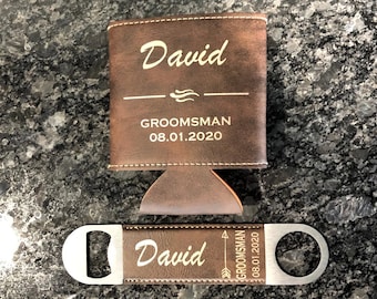 Groomsmen Gift Personalized Leather Can Holder Bottle Opener Best Man Wedding Bachelor Party | More Colors Available!