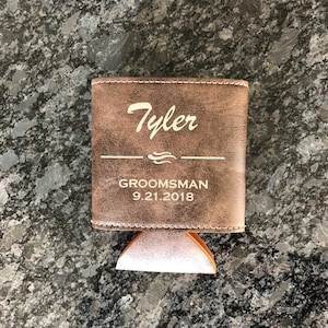 Personalized Leatherette Can Holder: Groomsmen Gift, Laser Engraved