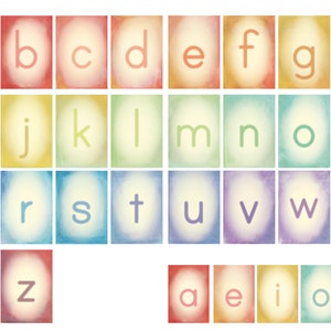 May include: A set of colourful alphabet flash cards with a watercolour background. The letters are in a white font and are arranged in alphabetical order. The vowels are on a separate row.
