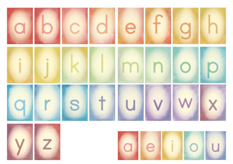 May include: A set of colourful alphabet flash cards with a watercolour background. The letters are in a white font and are arranged in alphabetical order. The vowels are on a separate row.