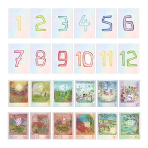 Tarjetas de números inspiradas en Waldorf, del 1 al 12, sencillas e ilustradas, con puntos para contar, digitales para educación en casa, descarga instantánea