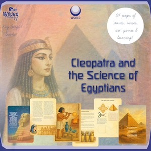 Puede incluir: Portada de libro educativo titulada "Cleopatra y la ciencia de los egipcios". La imagen presenta una ilustraci&oacute;n de Cleopatra, artefactos egipcios y una pir&aacute;mide. La portada tambi&eacute;n incluye el texto "&iexcl;64 p&aacute;ginas de historias, versos, arte, juegos y aprendizaje!"