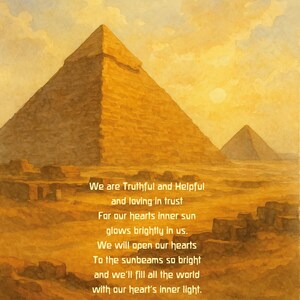 Puede incluir: Pintura a la acuarela de las pir&aacute;mides de Giza bajo un cielo c&aacute;lido y amarillo. La imagen incluye el texto: &laquo;Somos veraces y serviciales y confiamos...&raquo; La obra de arte evoca una sensaci&oacute;n de historia y espiritualidad.