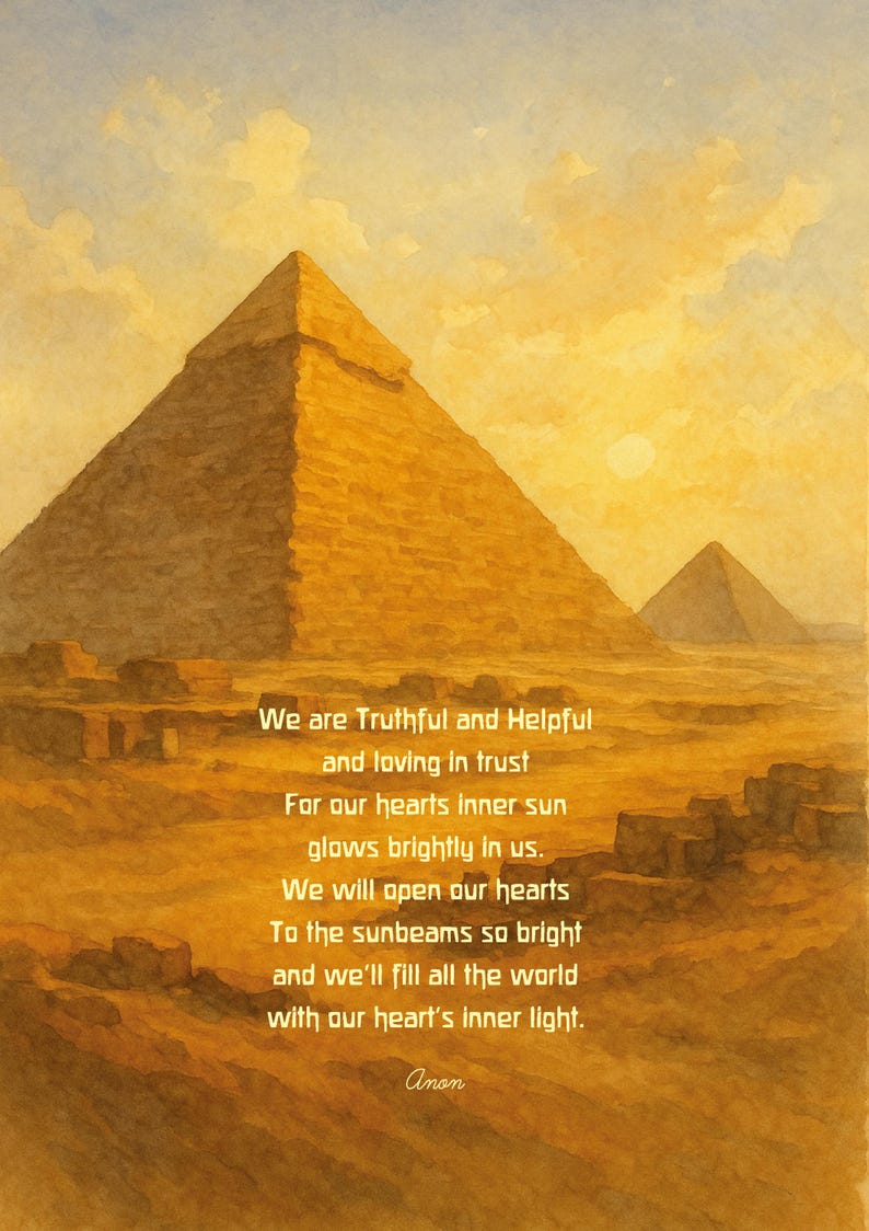 Puede incluir: Pintura a la acuarela de las pir&aacute;mides de Giza bajo un cielo c&aacute;lido y amarillo. La imagen incluye el texto: &laquo;Somos veraces y serviciales y confiamos...&raquo; La obra de arte evoca una sensaci&oacute;n de historia y espiritualidad.