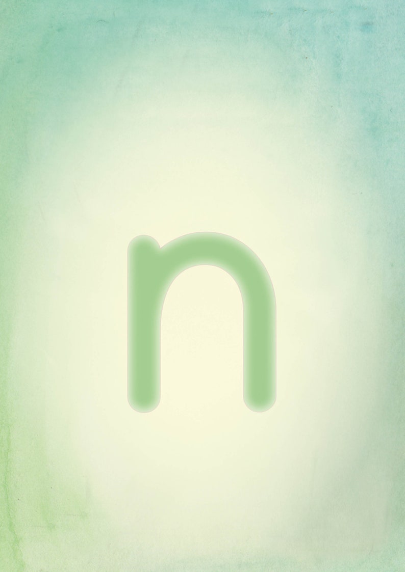 May include: A light green letter "n" on a light green and blue background.