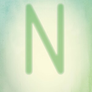 May include: A green letter N on a light green and blue background.