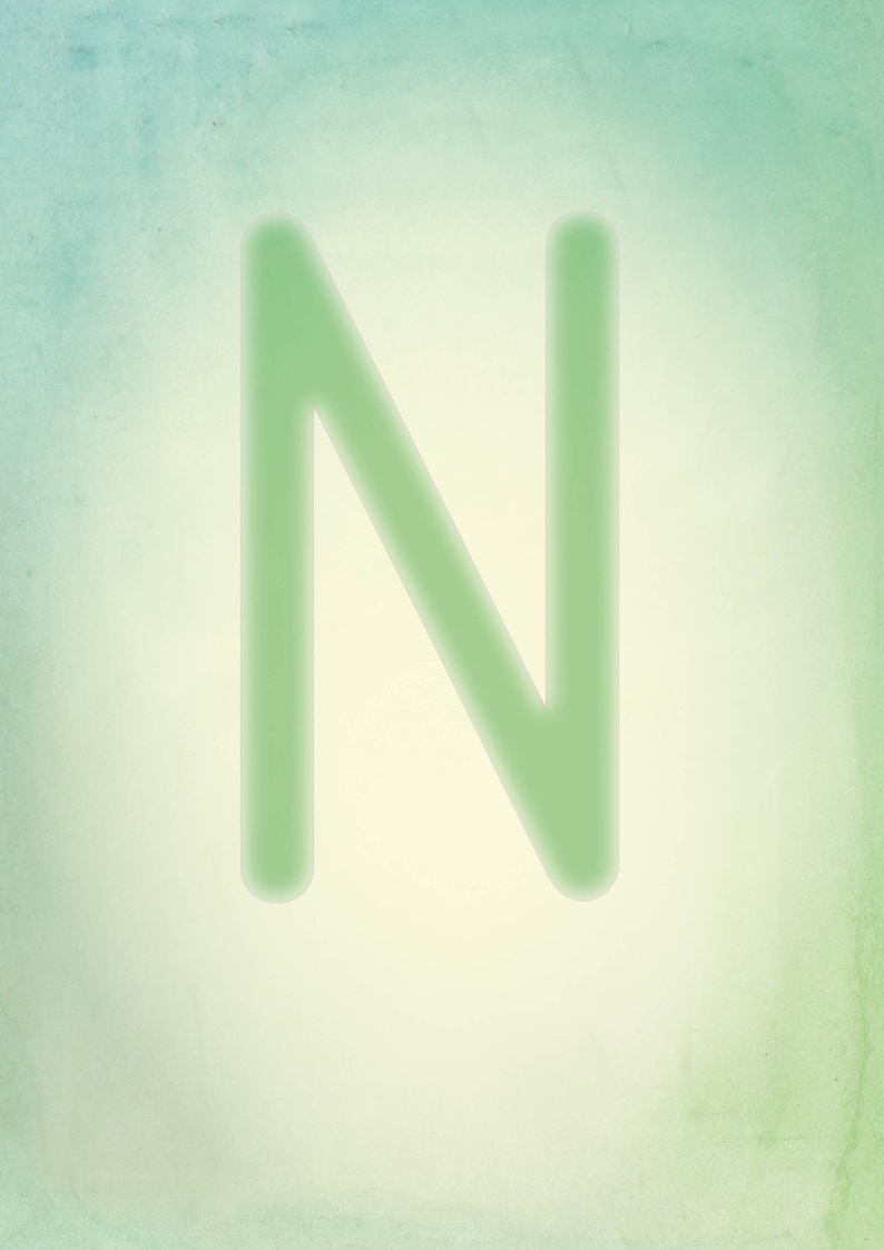 May include: A green letter N on a light green and blue background.