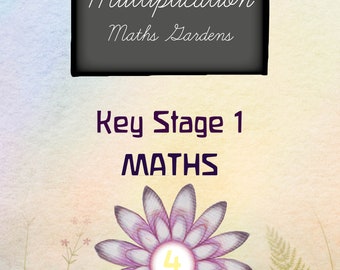 Puede incluir: Una ilustración colorida de una flor con el número 4 amarillo en el centro. El texto "Multiplication Maths Gardens Key Stage 1 MATHS" está en una pizarra con un marco de madera. La imagen está rodeada por un borde de banderas coloridas.
