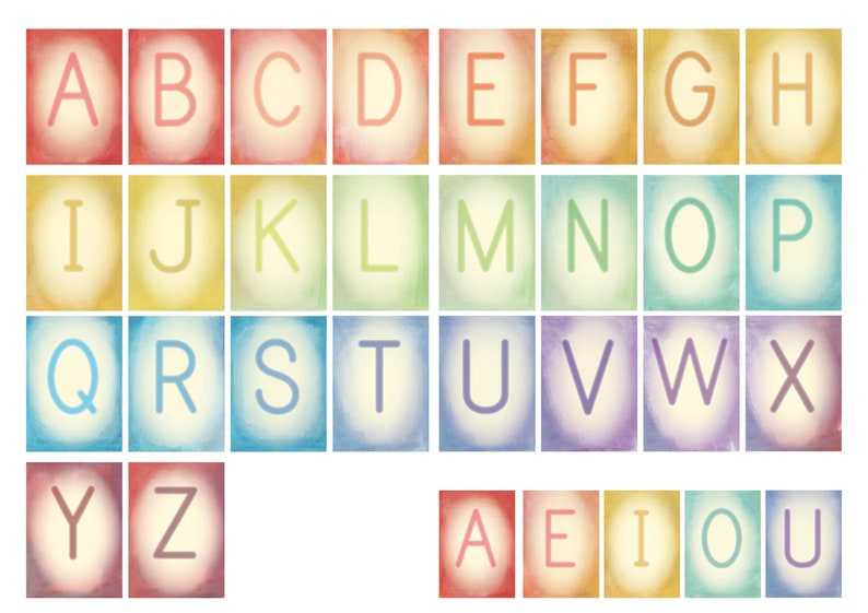 May include: A colourful alphabet chart with letters A through Z in a rainbow gradient. The letters are in white and are outlined in black. The letters A, E, I, O, and U are also shown in a separate row at the bottom of the chart.