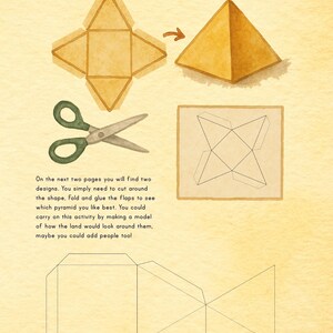 Puede incluir: Ilustraci&oacute;n en acuarela con el texto "Lets Make Paper Pyramids!". Muestra instrucciones para hacer pir&aacute;mides de papel. Incluye tijeras verdes, diagramas y una pir&aacute;mide terminada.