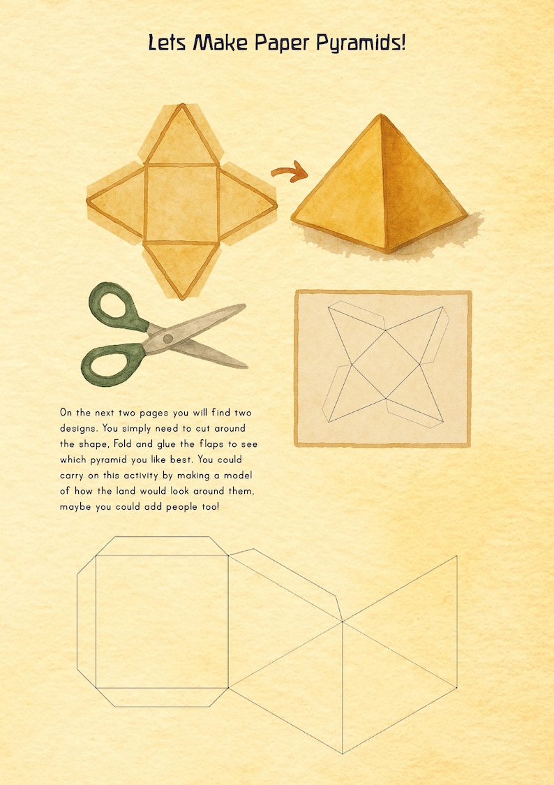 Puede incluir: Ilustraci&oacute;n en acuarela con el texto "Lets Make Paper Pyramids!". Muestra instrucciones para hacer pir&aacute;mides de papel. Incluye tijeras verdes, diagramas y una pir&aacute;mide terminada.