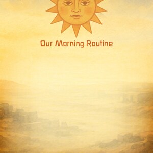 Puede incluir: Impresi&oacute;n de arte digital con un sol estilizado y el texto "Our Morning Routine". El sol dorado sobre un fondo degradado amarillo y azul. La mitad inferior muestra un paisaje brumoso en tonos amarillos y marrones.