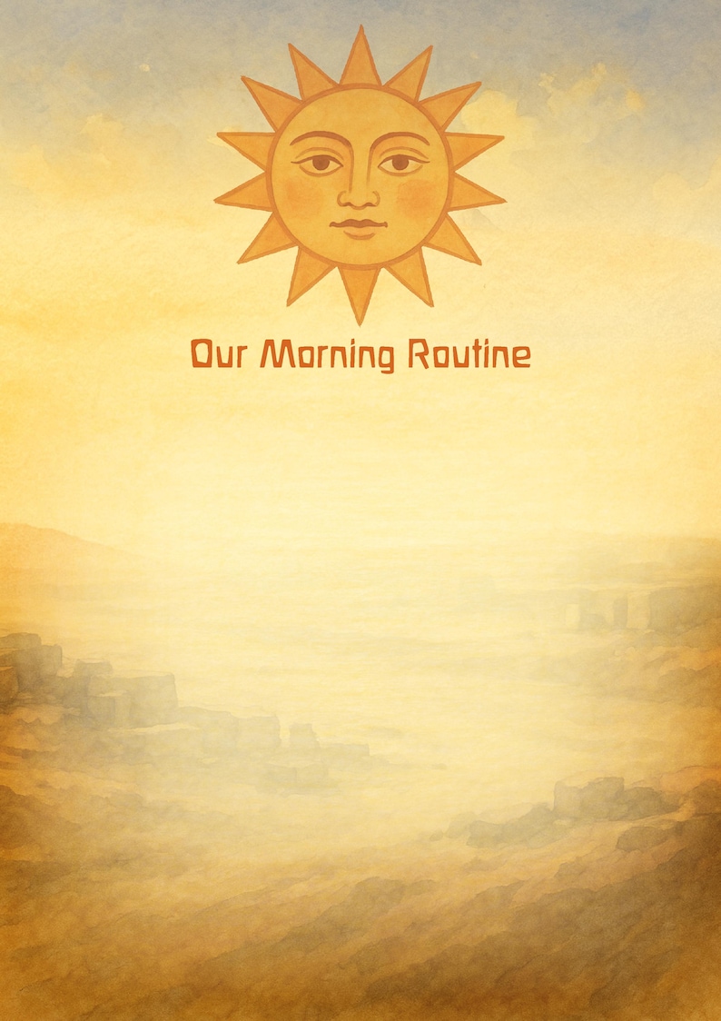 Puede incluir: Impresi&oacute;n de arte digital con un sol estilizado y el texto "Our Morning Routine". El sol dorado sobre un fondo degradado amarillo y azul. La mitad inferior muestra un paisaje brumoso en tonos amarillos y marrones.