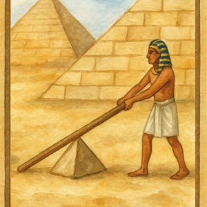 Puede incluir: Pintura a la acuarela que representa una escena del antiguo Egipto. Una figura con vestimenta tradicional utiliza una palanca para mover una peque&ntilde;a pir&aacute;mide. Dos grandes pir&aacute;mides se encuentran en el fondo, sobre un cielo azul y terreno arenoso.