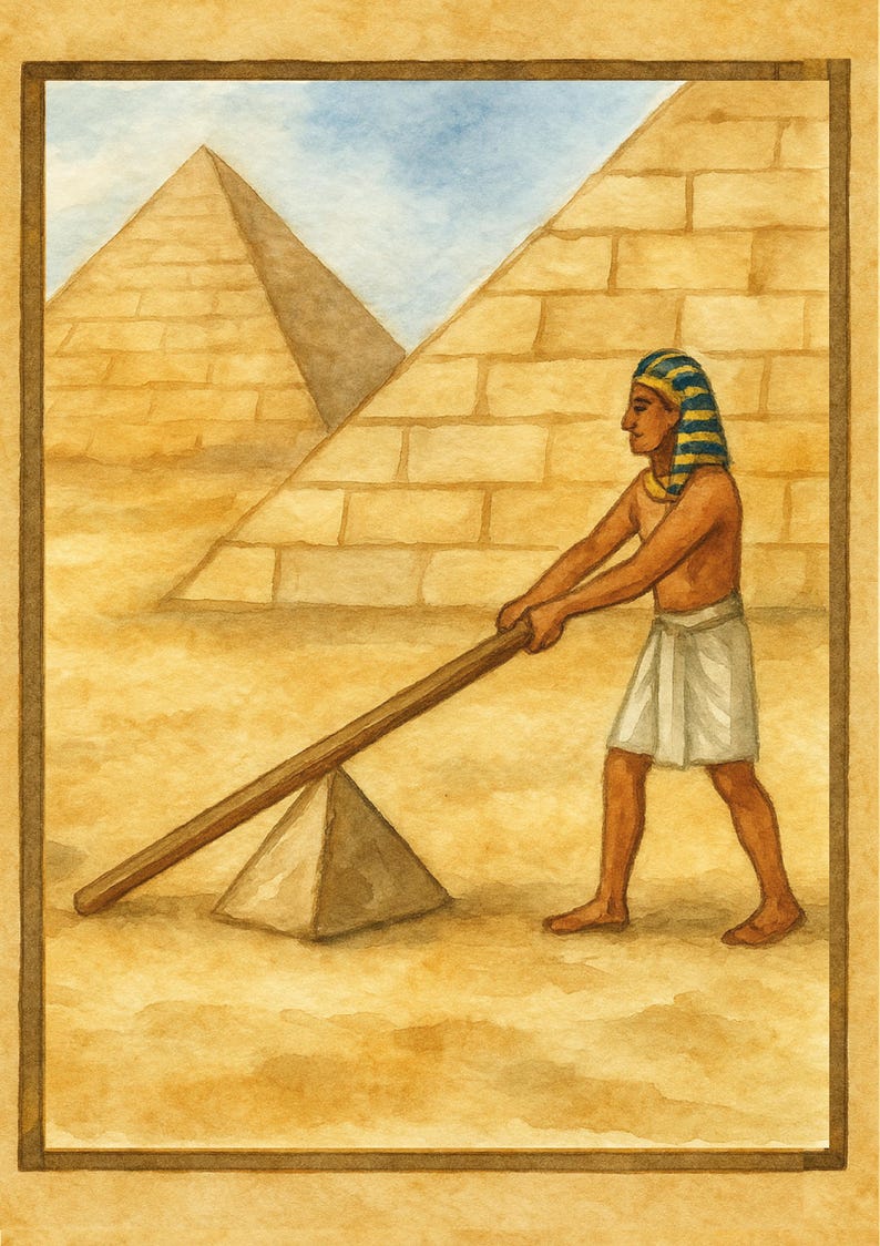 Puede incluir: Pintura a la acuarela que representa una escena del antiguo Egipto. Una figura con vestimenta tradicional utiliza una palanca para mover una peque&ntilde;a pir&aacute;mide. Dos grandes pir&aacute;mides se encuentran en el fondo, sobre un cielo azul y terreno arenoso.