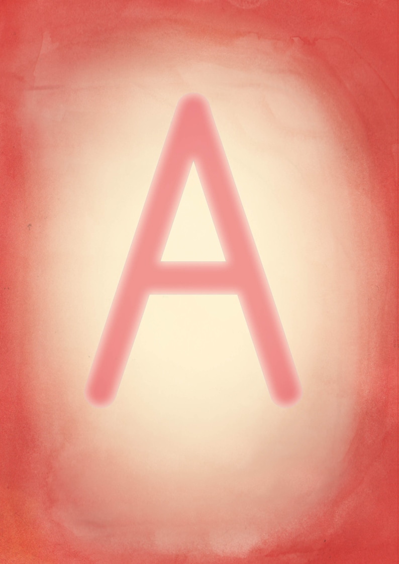 May include: A bright pink letter A on a red and orange watercolour background.