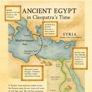 Puede incluir: Un mapa del Antiguo Egipto en la &eacute;poca de Cleopatra, con el mar Mediterr&aacute;neo, el mar Rojo y el r&iacute;o Nilo. El mapa incluye etiquetas de texto e ilustraciones de eventos y lugares clave, como Alejandr&iacute;a y Actium.