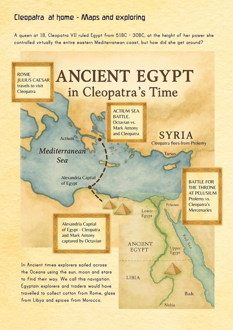 Puede incluir: Un mapa del Antiguo Egipto en la &eacute;poca de Cleopatra, con el mar Mediterr&aacute;neo, el mar Rojo y el r&iacute;o Nilo. El mapa incluye etiquetas de texto e ilustraciones de eventos y lugares clave, como Alejandr&iacute;a y Actium.