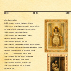 Puede incluir: Una l&iacute;nea de tiempo de la vida de Cleopatra, con ilustraciones y eventos clave desde el 69 a. C. hasta el 30 a. C. Incluye el texto: "&iquest;Puedes hacer una l&iacute;nea de tiempo de la vida de Cleopatra?" Representa a Cleopatra en dos ilustraciones.