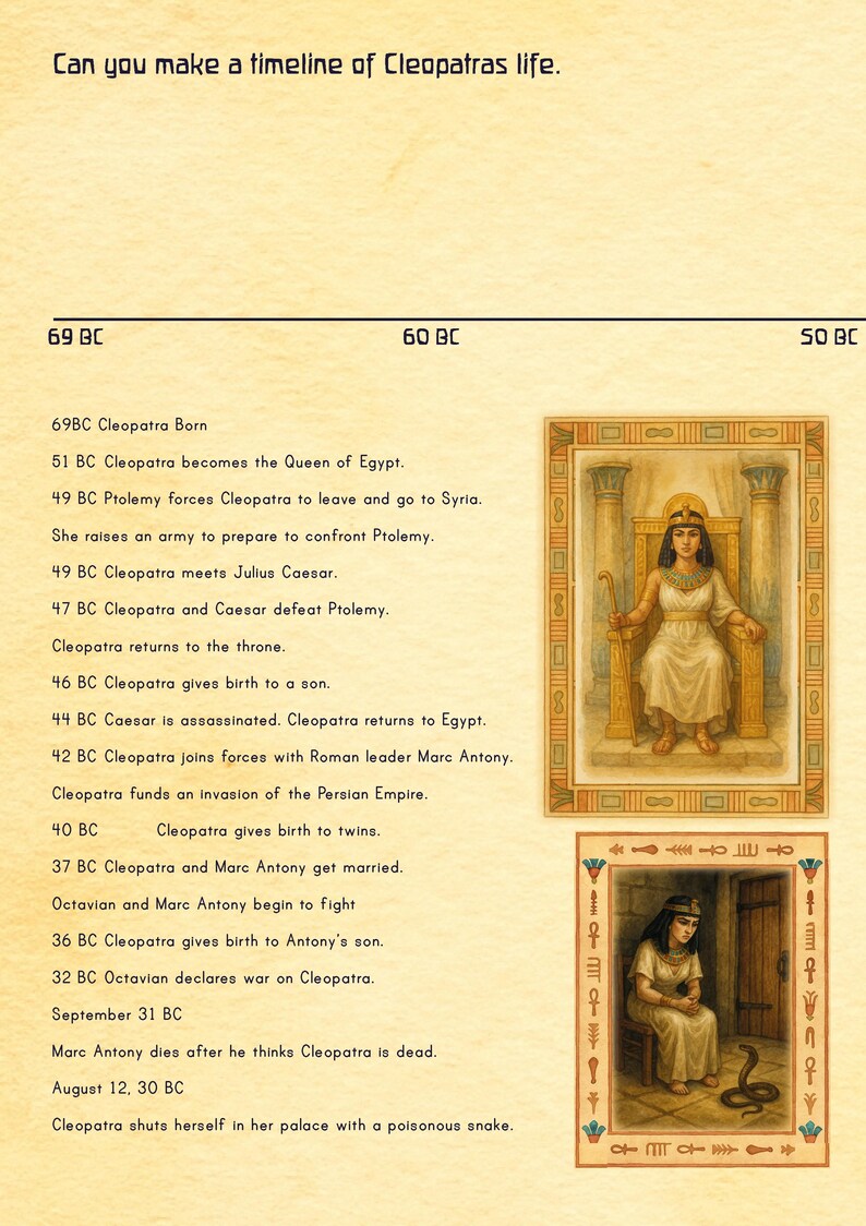 Puede incluir: Una l&iacute;nea de tiempo de la vida de Cleopatra, con ilustraciones y eventos clave desde el 69 a. C. hasta el 30 a. C. Incluye el texto: "&iquest;Puedes hacer una l&iacute;nea de tiempo de la vida de Cleopatra?" Representa a Cleopatra en dos ilustraciones.