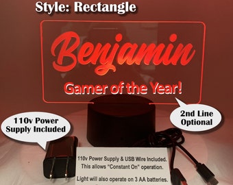 Personalized Name LED Night Light (Rectangle) with Power Adapter