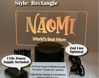 Personalized Name LED Night Light (Rectangle) with Power Adapter