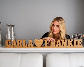 Two Wood Names in Dark Oak/Maple, Personalized Desk Sign | Home Decor Gift | Laser Cut Romantic Gift