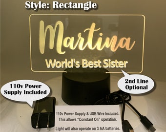 Personalized Name LED Night Light (Rectangle) with Power Adapter