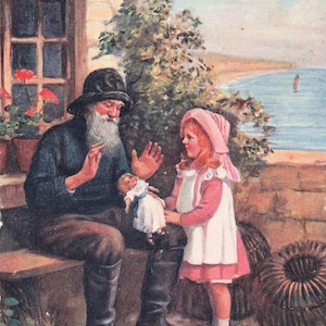 La ragazza ama un marinaio Bella ragazza che offre la sua bambola a un marinaio. Cartolina d'epoca del 1912 dell'editore Tucks.